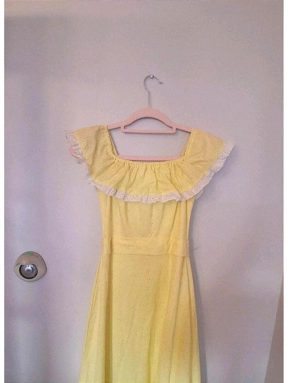 70s Vintage Yellow Ruffled Dress, Maxi Bridesmaid Prom Gown Size S Princess